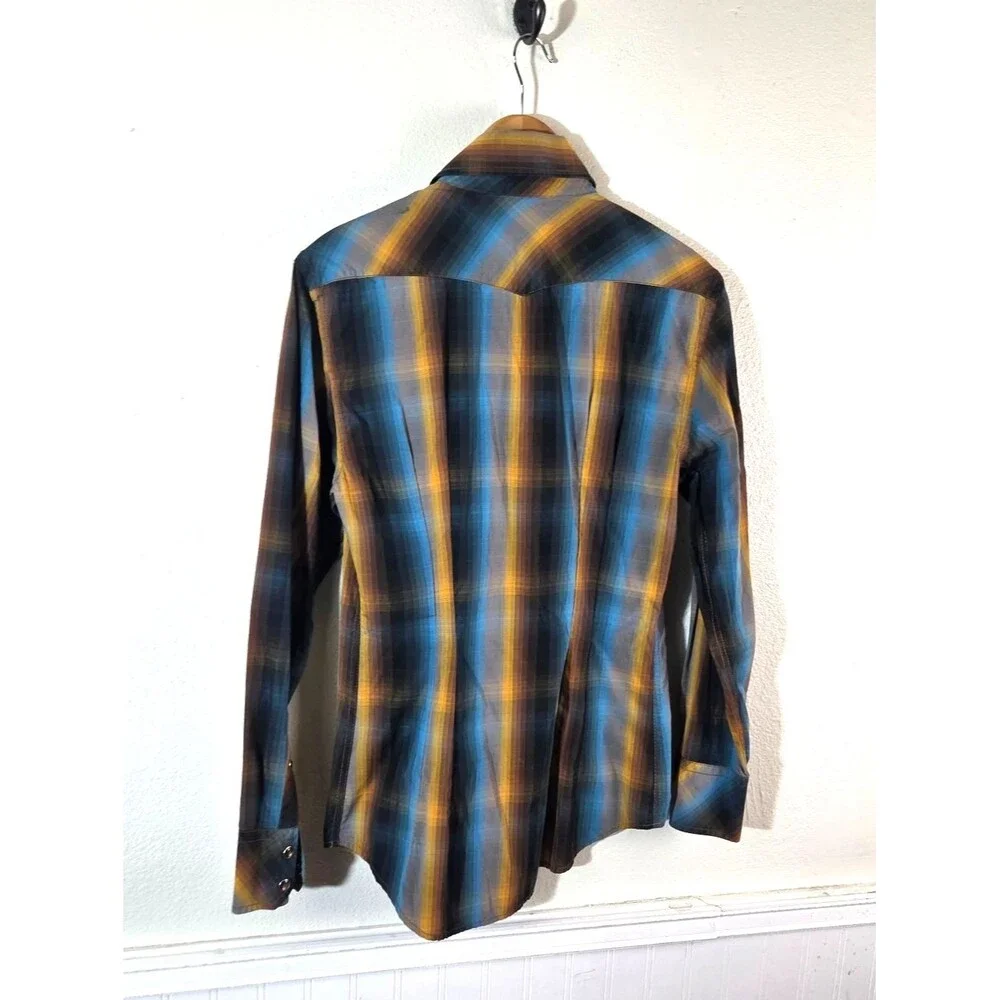 Banana Republic Pearl Snap Western Plaid Shirt Men’s Small Blue Yellow Long